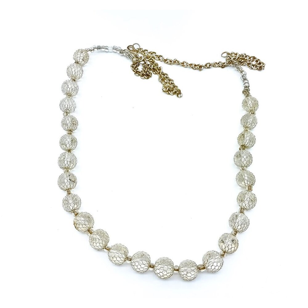 Vintage Encased Marble Beaded Necklace, Silver Tone Chain with Clear Glass Beads